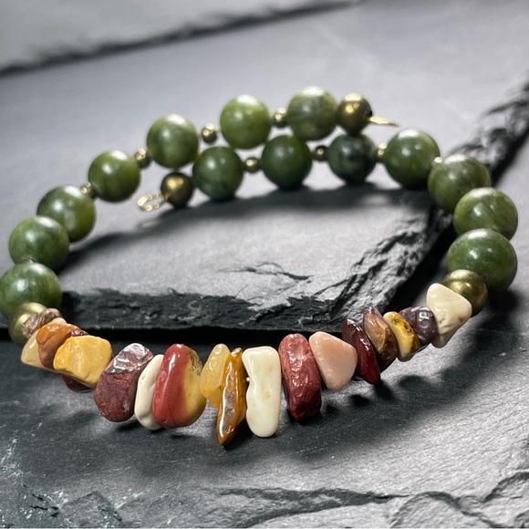 Artisan Jewelry - Artisan Natural Mookaite And Green Jade Bangle Artisan Designed Bracelet